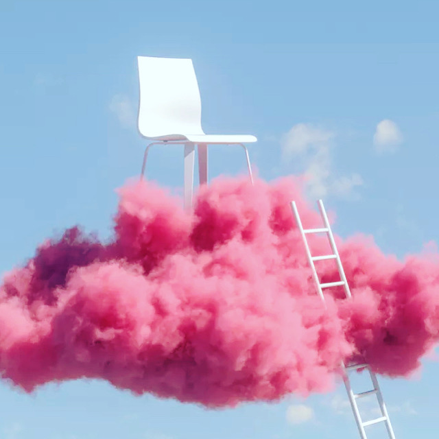 white chair and ladder in the blue sky, sitting on top of a pink cloud